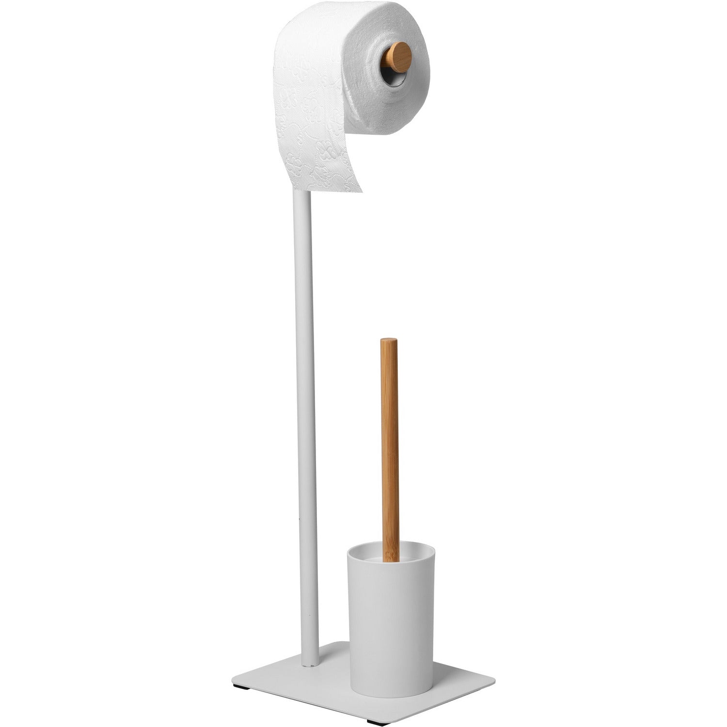VESTIAMO CASA - Piantana portascopino e portarotolo in acciaio inox Bianco con elementi in bamboo - h67x23x18 cm